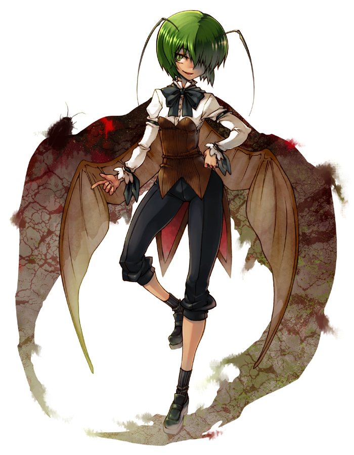 arai kuma, wriggle nightbug, touhou, bad id, bad pixiv id, 1girl, alternate costume, antennae, bug, cockroach, contemporary, female focus, green eyes, green hair, hair over one eye, insect wings, matching hair/eyes, ribbon, solo, wings