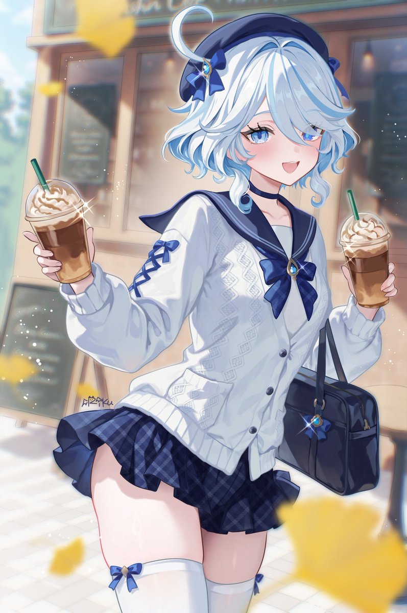 riku (rrr gns), furina (genshin impact), genshin impact, highres, 1girl, alternate costume, bag, blue eyes, blue hair, blue sailor collar, blue skirt, cardigan, cowlick, cup, day, disposable cup, drop-shaped pupils, grey cardigan, heterochromia, light particles, looking at viewer, open mouth, sailor collar, school bag, school uniform, short hair, skirt, solo, symbol-shaped pupils, thighhighs, thighs, white thighhighs