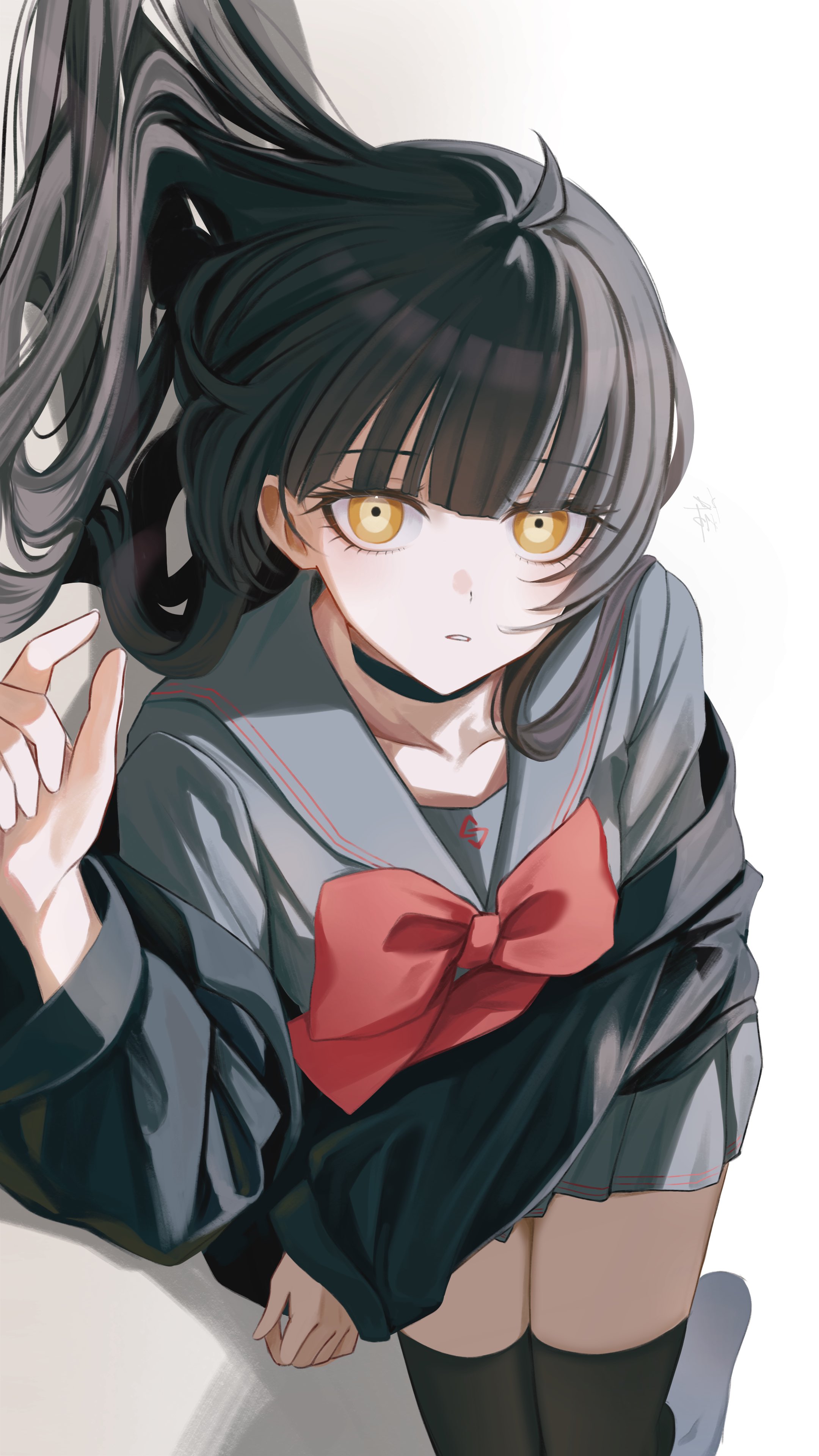 hira icigocha, original, absurdres, highres, 1girl, ahoge, black hair, black jacket, black thighhighs, blunt bangs, bow, collarbone, eyelashes, grey sailor collar, grey shirt, grey skirt, jacket, long hair, looking at viewer, lying, on side, parted lips, pleated skirt, red bow, sailor collar, shirt, signature, skirt, solo, thighhighs, yellow eyes