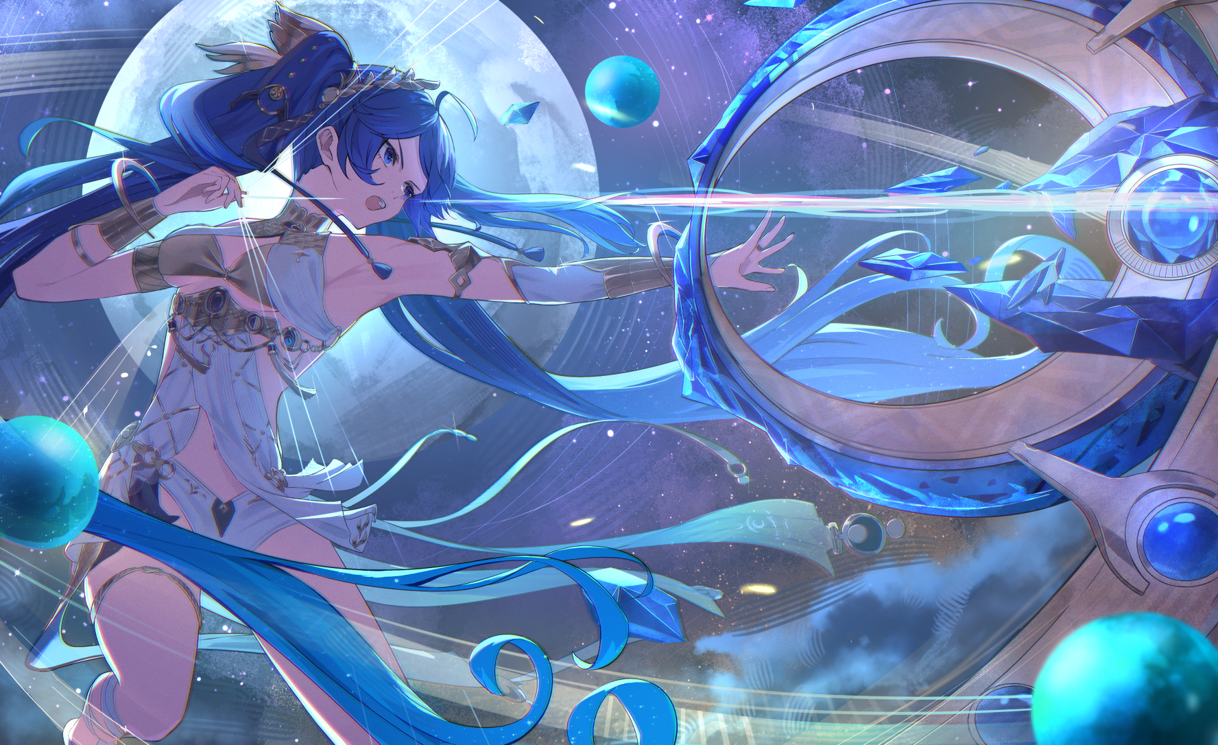 oiro ik, iuno (wuthering waves), wuthering waves, commentary request, highres, partial commentary, revision, 1girl, ancient greek clothes, armlet, bare shoulders, black skirt, blue eyes, blue hair, breasts, cleavage, feet out of frame, full moon, gold bra, greco-roman clothes, jewelry, laurel crown, long hair, looking ahead, medium breasts, miniskirt, moon, open mouth, showgirl skirt, skirt, solo, thighlet, thighs, vambraces, very long hair