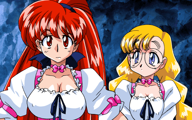 kimura takahiro, honjoji akira, karin (viper), viper (series), viper gtb, hand on head, animated, animated gif, game cg, 2girls, blonde hair, blue eyes, blush, braid, breasts, choker, cleavage, glasses, kiss, large breasts, long hair, multiple girls, ponytail, red eyes, red hair, ribbon, small breasts, smile, surprised, sweatdrop, twin braids, very long hair, yuri