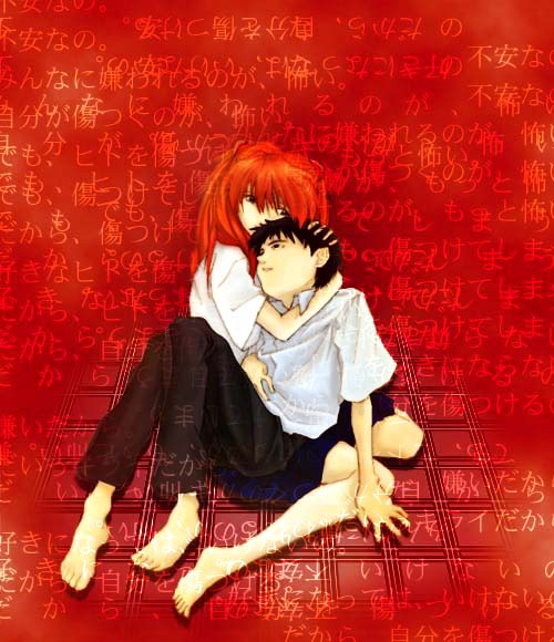 ikari shinji, souryuu asuka langley, neon genesis evangelion, 1boy, 1girl, couple, hetero, hug, red background, red hair, school uniform, serafuku