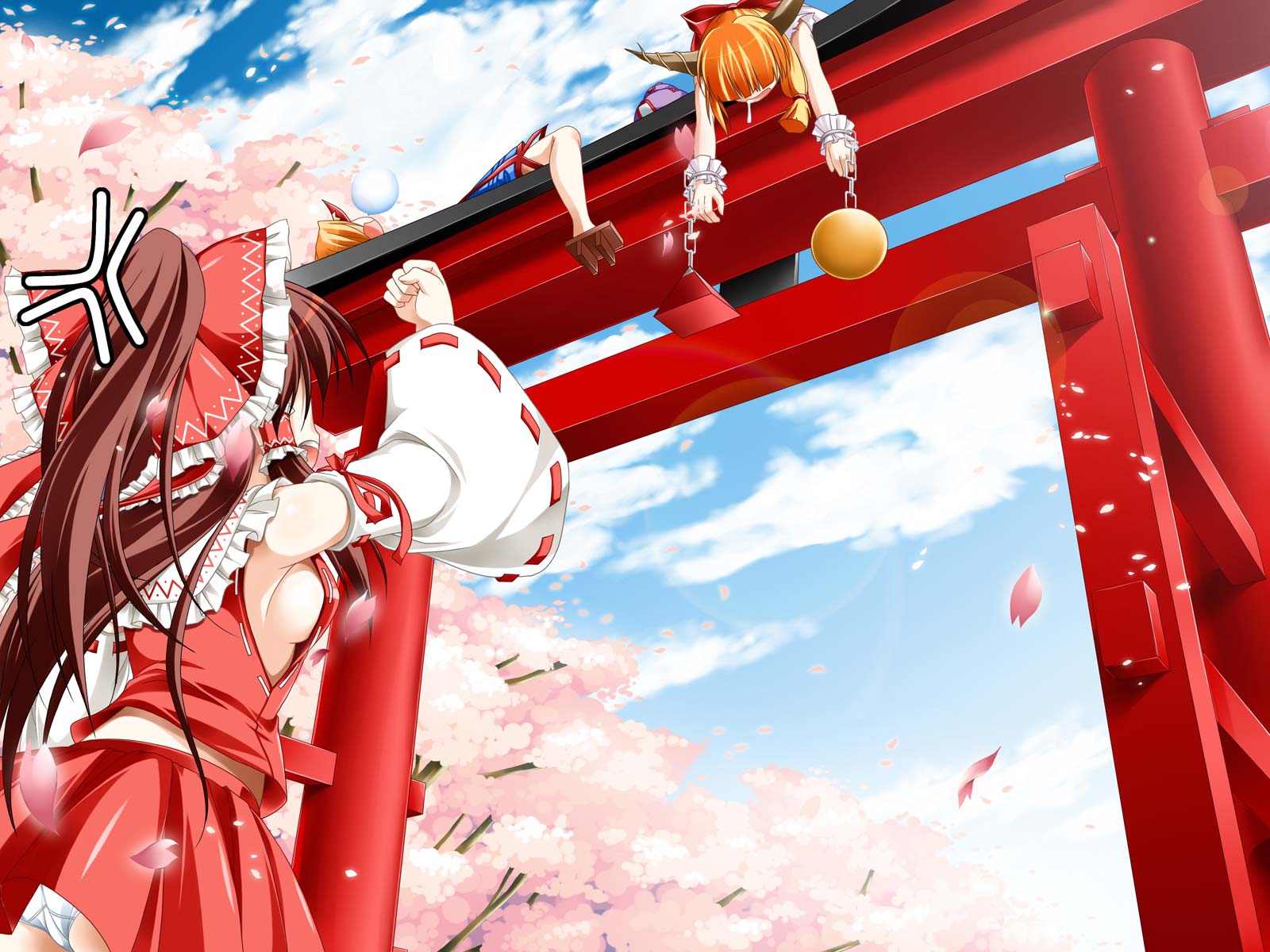 kamiya tomoe, hakurei reimu, hoshiguma yuugi, ibuki suika, touhou, highres, 3girls, angry, breasts, chain, cherry blossoms, clenched hand, drooling, dutch angle, from below, horns, multiple girls, panties, pantyshot, petals, ponytail, raised fist, sideboob, single horn, sleeping, small breasts, torii, underwear