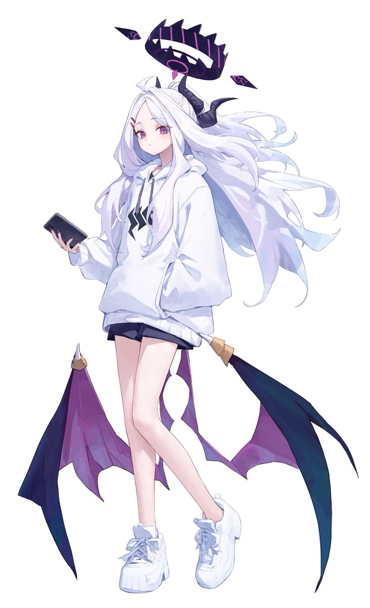 kakutasu, hina (blue archive), blue archive, 1girl, full body, hand in pocket, hoodie, horns, purple eyes, solo, standing, white hair, white hoodie, wings