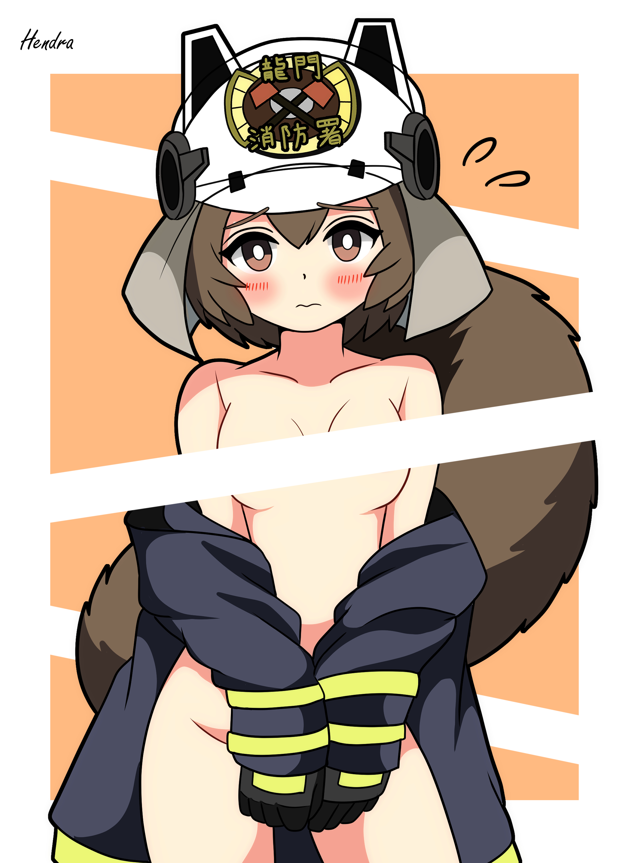 hendra, shaw (arknights), arknights, absurdres, commentary request, highres, partial commentary, 1girl, artist name, bar censor, black gloves, blue coat, blush, breasts, brown eyes, brown hair, censored, censored nipples, closed mouth, coat, collarbone, contrapposto, covering privates, cowboy shot, firefighter helmet, flying sweatdrops, gloves, long sleeves, looking at viewer, medium breasts, orange background, short hair, signature, simple background, solo, squirrel girl, squirrel tail, tail