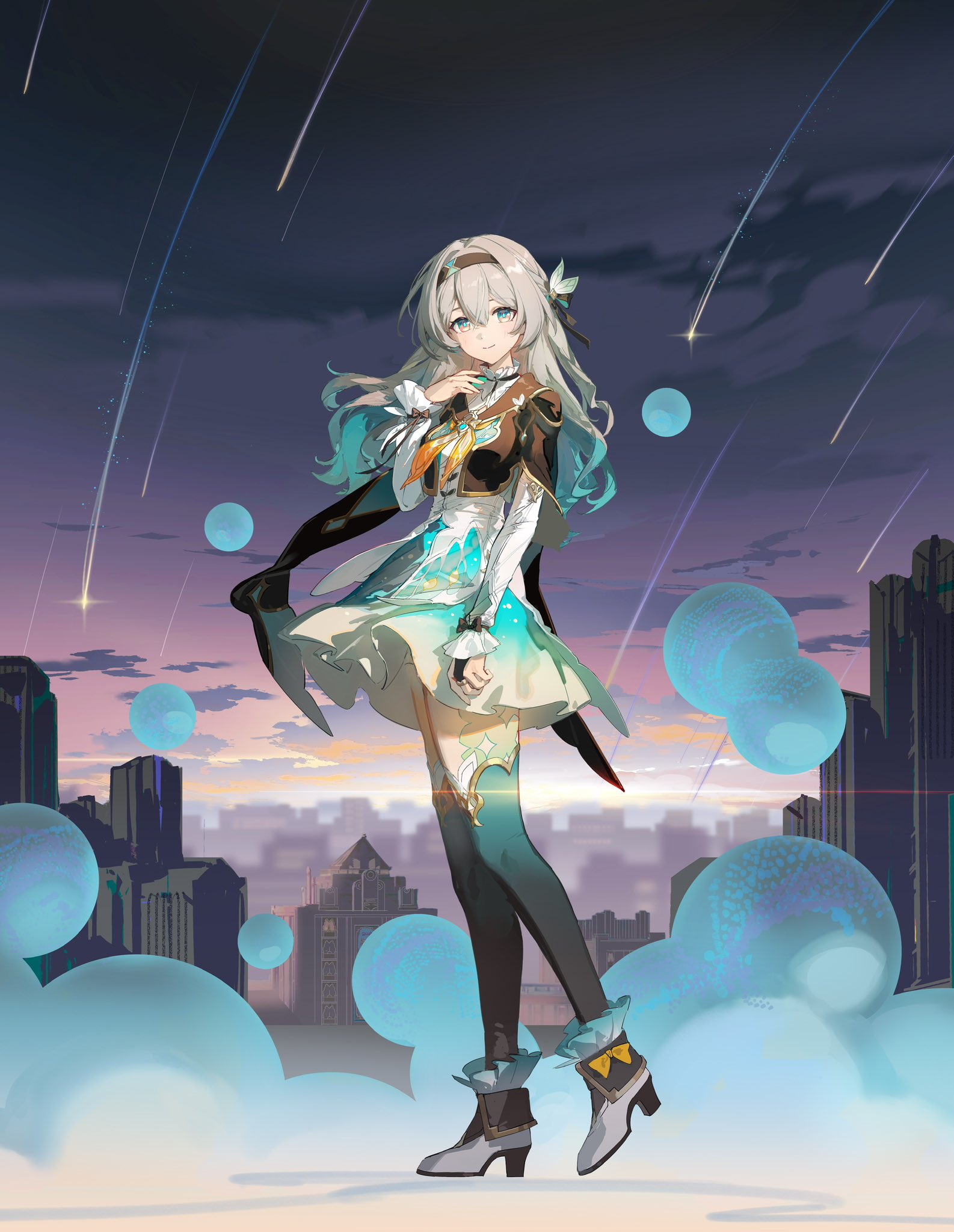 rafaelaaa, firefly (honkai: star rail), honkai: star rail, honkai (series), highres, 1girl, aqua hair, aqua skirt, aqua thighhighs, black hairband, black thighhighs, closed mouth, cropped jacket, full body, gradient hair, gradient legwear, green eyes, hair between eyes, hair ornament, hairband, hand up, high heels, long hair, long sleeves, looking at viewer, multicolored hair, shirt, shooting star, skirt, smile, solo, standing, thighhighs, white shirt