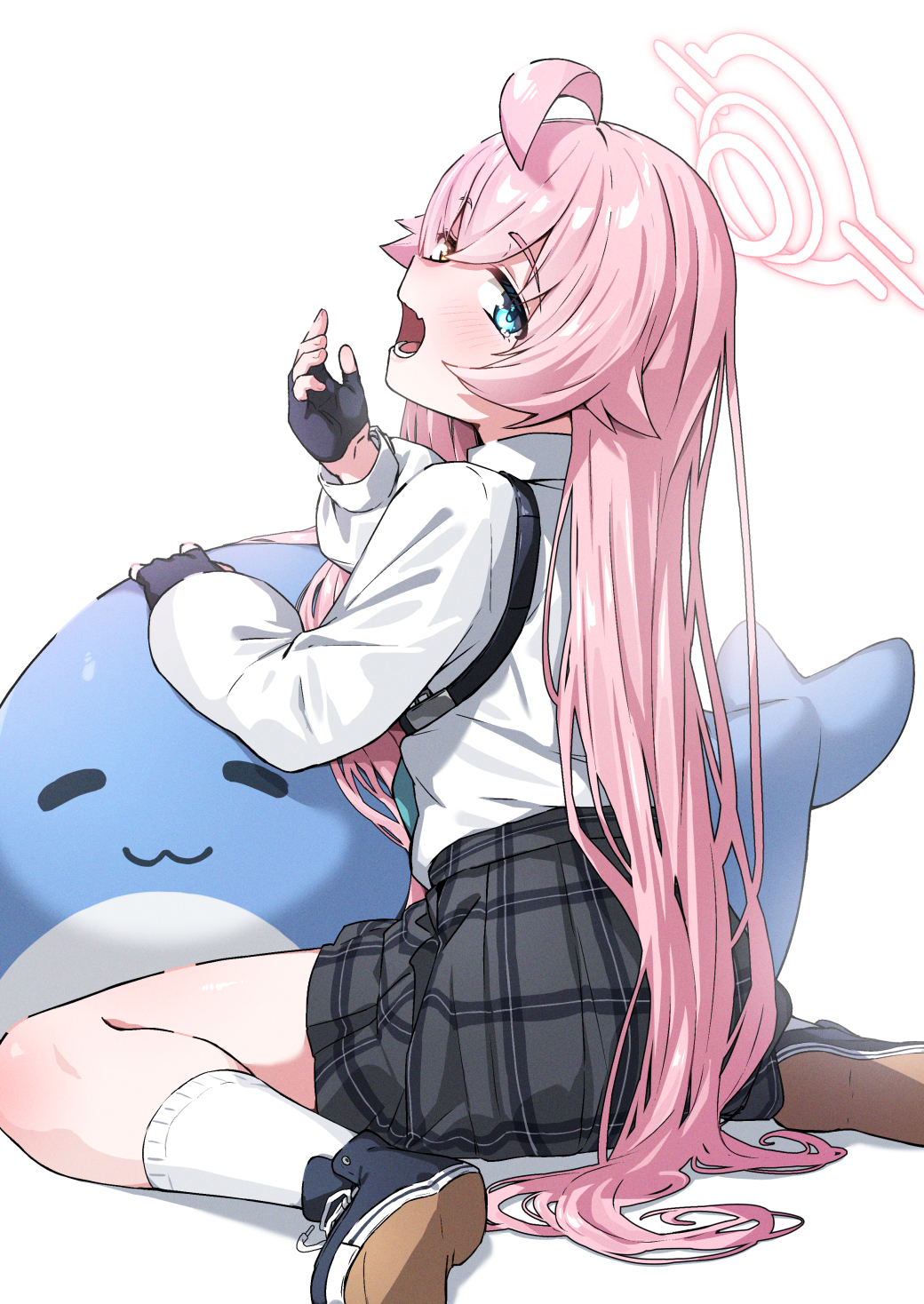 hatohane (tonnkotubird), hoshino (blue archive), blue archive, highres, 1girl, ahoge, fingerless gloves, full body, gloves, halo, heterochromia, huge ahoge, inflatable toy, inflatable whale, looking at viewer, looking back, open mouth, pink hair, pink halo, plaid clothes, plaid skirt, school, sitting, skirt, solo, wariza, white background, yawning
