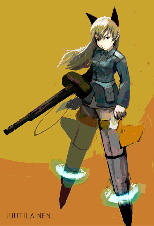 higashi, eila ilmatar juutilainen, strike witches, world witches series, 00s, 1girl, animal ears, double-drum magazine, drum magazine, female focus, gun, high-capacity magazine, machine gun, magazine (weapon), mg42, pantyhose, rifle, saddle-drum, solo, striker unit, weapon