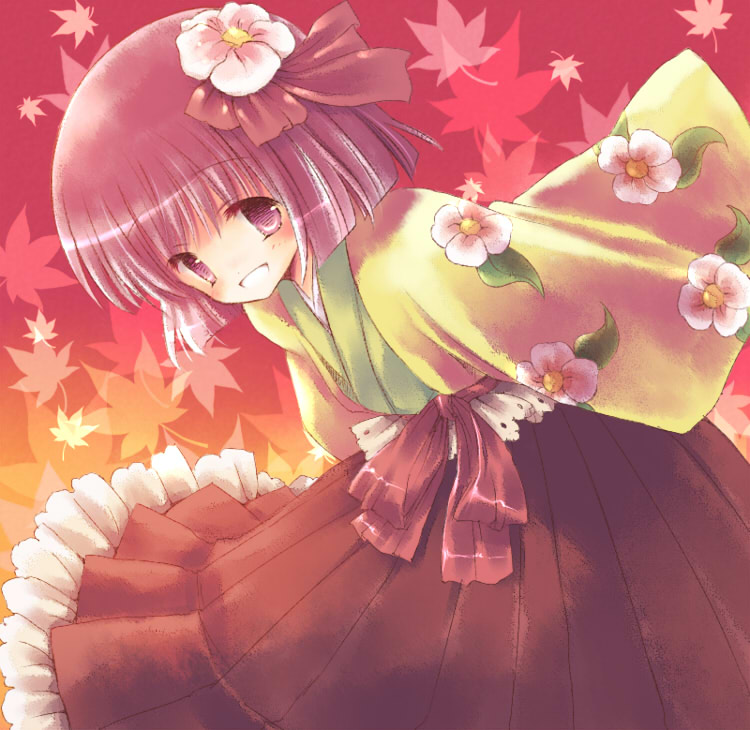 suzuki (chidori), suzuki ao, hieda no akyuu, perfect memento in strict sense, touhou, 1girl, camellia, female focus, flower, japanese clothes, kimono, leaf, purple hair, short hair, solo