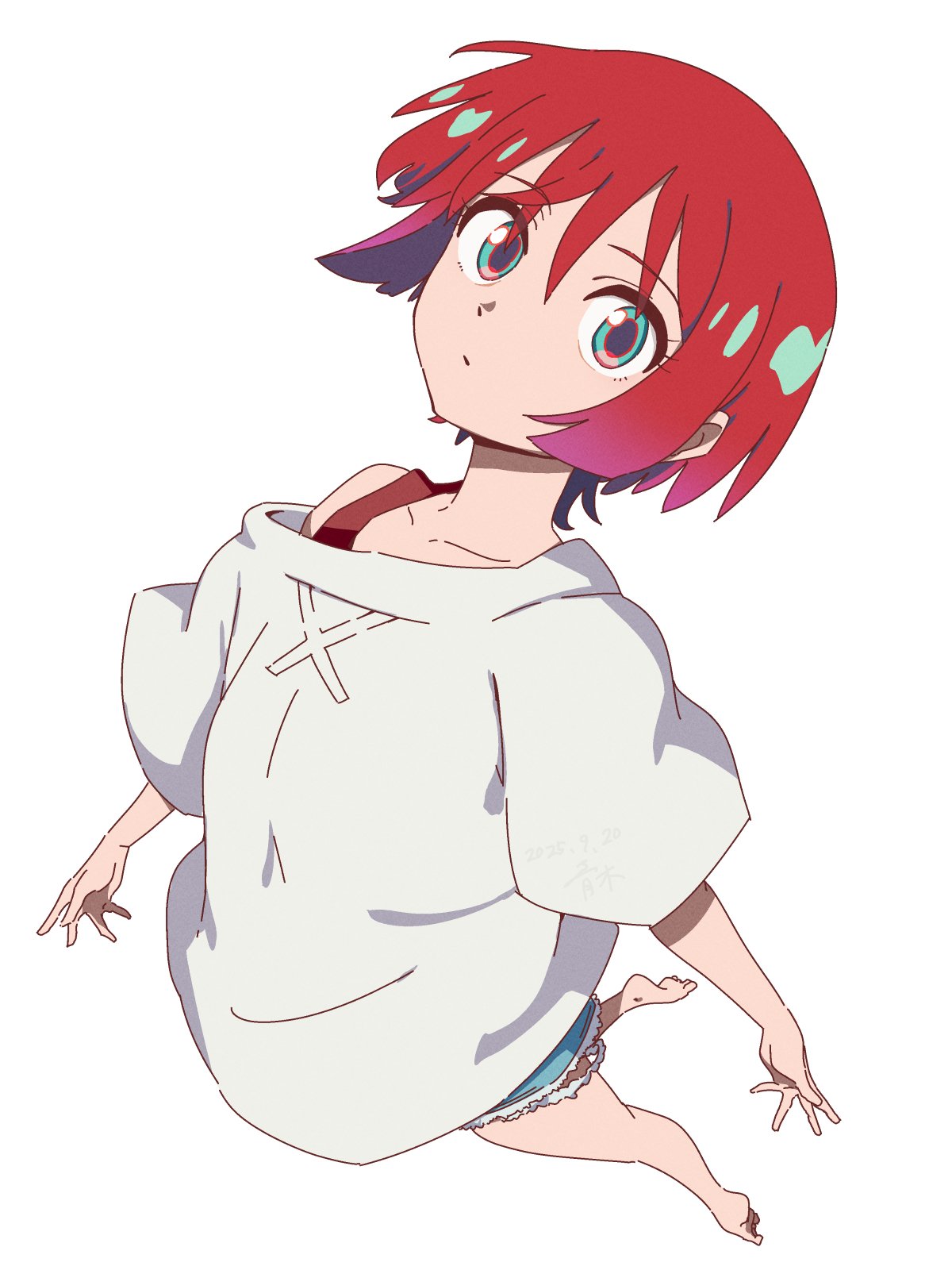 bluearcadegames, amate yuzuriha, gundam, gundam gquuuuuux, highres, 1girl, aqua eyes, breasts, closed mouth, cutoffs, denim, denim shorts, looking at viewer, military vehicle, motor vehicle, red hair, shirt, short hair, short sleeves, shorts, simple background, solo, tank, white background