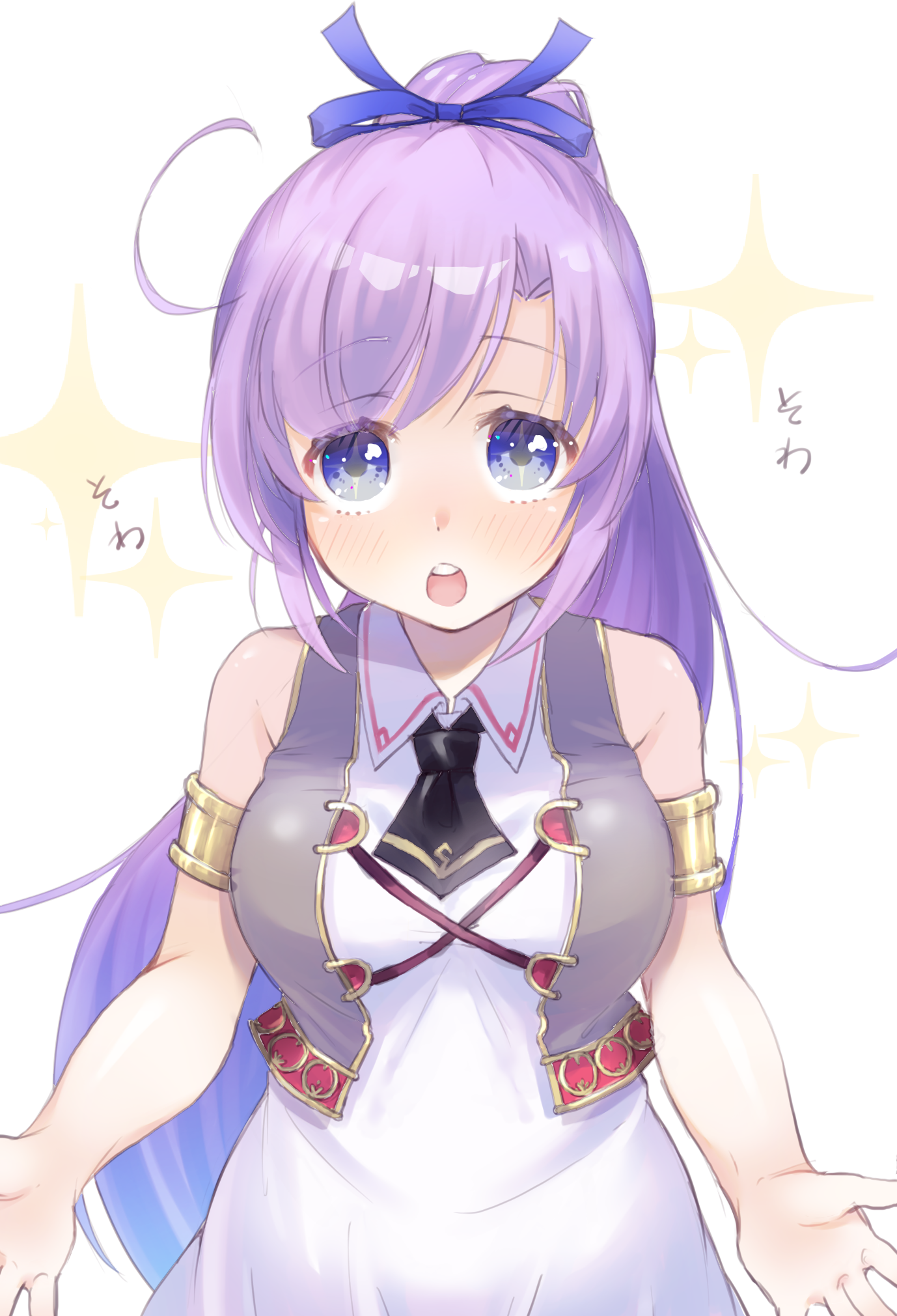 wanokuni (wakokusforest), patricia shandy, iris mysteria!, gold armlet, highres, 1girl, ahoge, black necktie, blue bow, blue eyes, bow, breasts, dress, grey jacket, hair bow, incoming hug, jacket, large breasts, necktie, open mouth, ponytail, purple hair, solo, sparkle background, white background, white dress