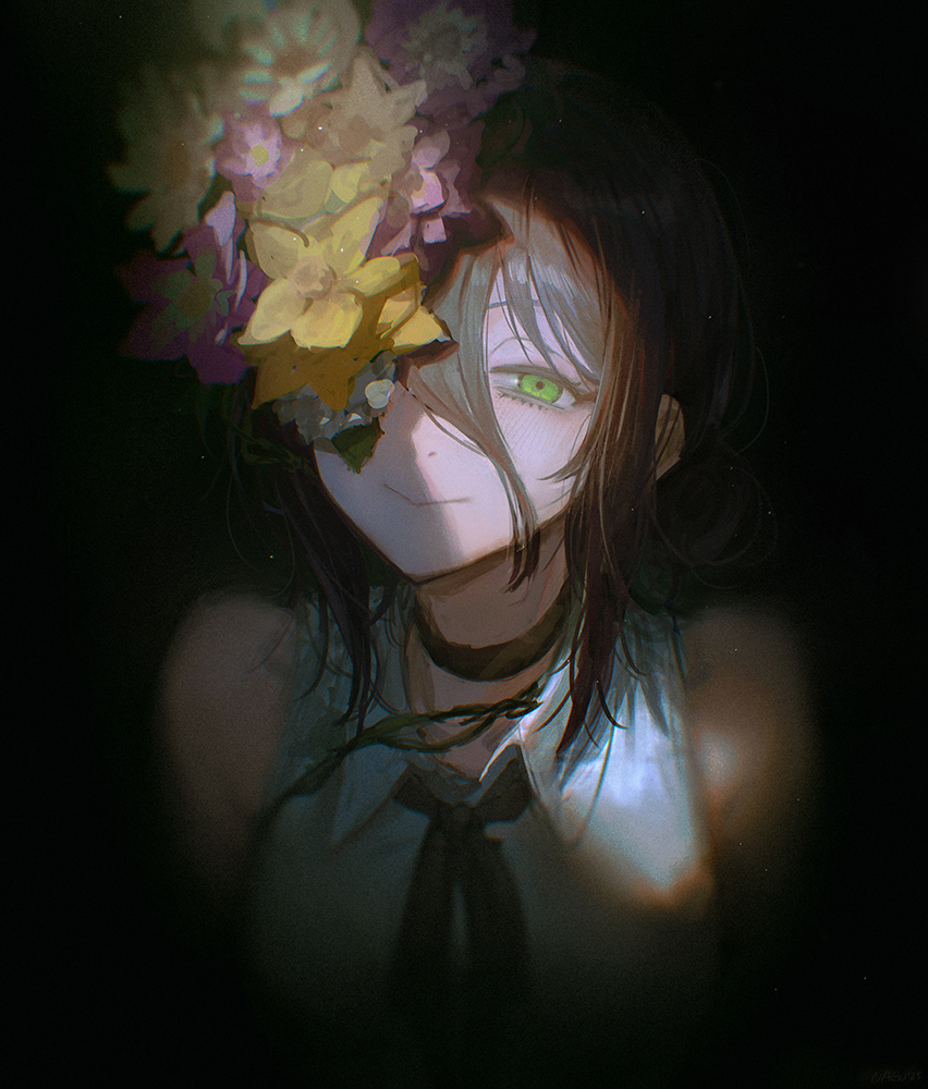 nagu, reze (chainsaw man), chainsaw man, 1girl, bare shoulders, black background, blush, choker, flower, green eyes, happy, looking at viewer, medium hair, one eye closed, purple hair, ribbon, simple background, sleeveless, upper body