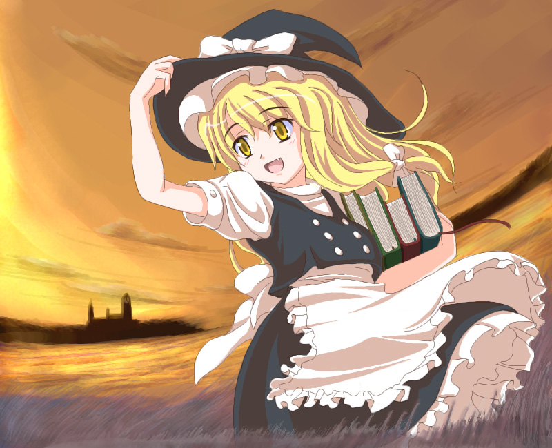 tri, kirisame marisa, touhou, 1girl, blonde hair, book, fang, female focus, hat, long hair, nature, outdoors, plant, ribbon, skirt, sky, solo