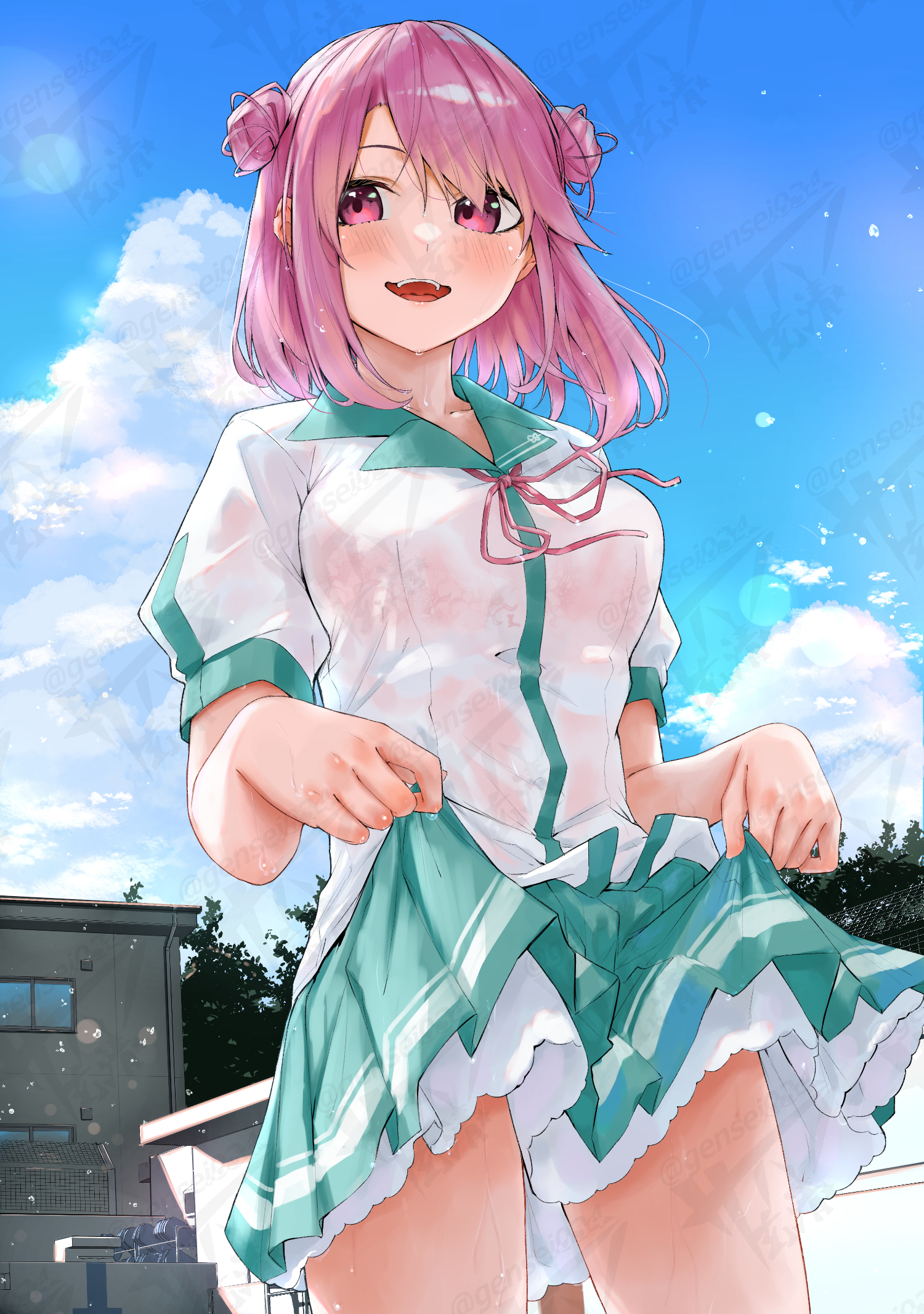 sahara386, kamagaya momoka, kamikakushi no eden, bad id, bad pixiv id, commentary request, highres, 1girl, aqua skirt, blue sky, breasts, day, light blush, medium breasts, neck ribbon, open mouth, outdoors, pink eyes, pleated skirt, red ribbon, ribbon, school uniform, shirt, short hair, sideways glance, skirt, skirt hold, sky, smile, solo, watermark, watermark grid, wet, wet clothes, wet shirt, white shirt