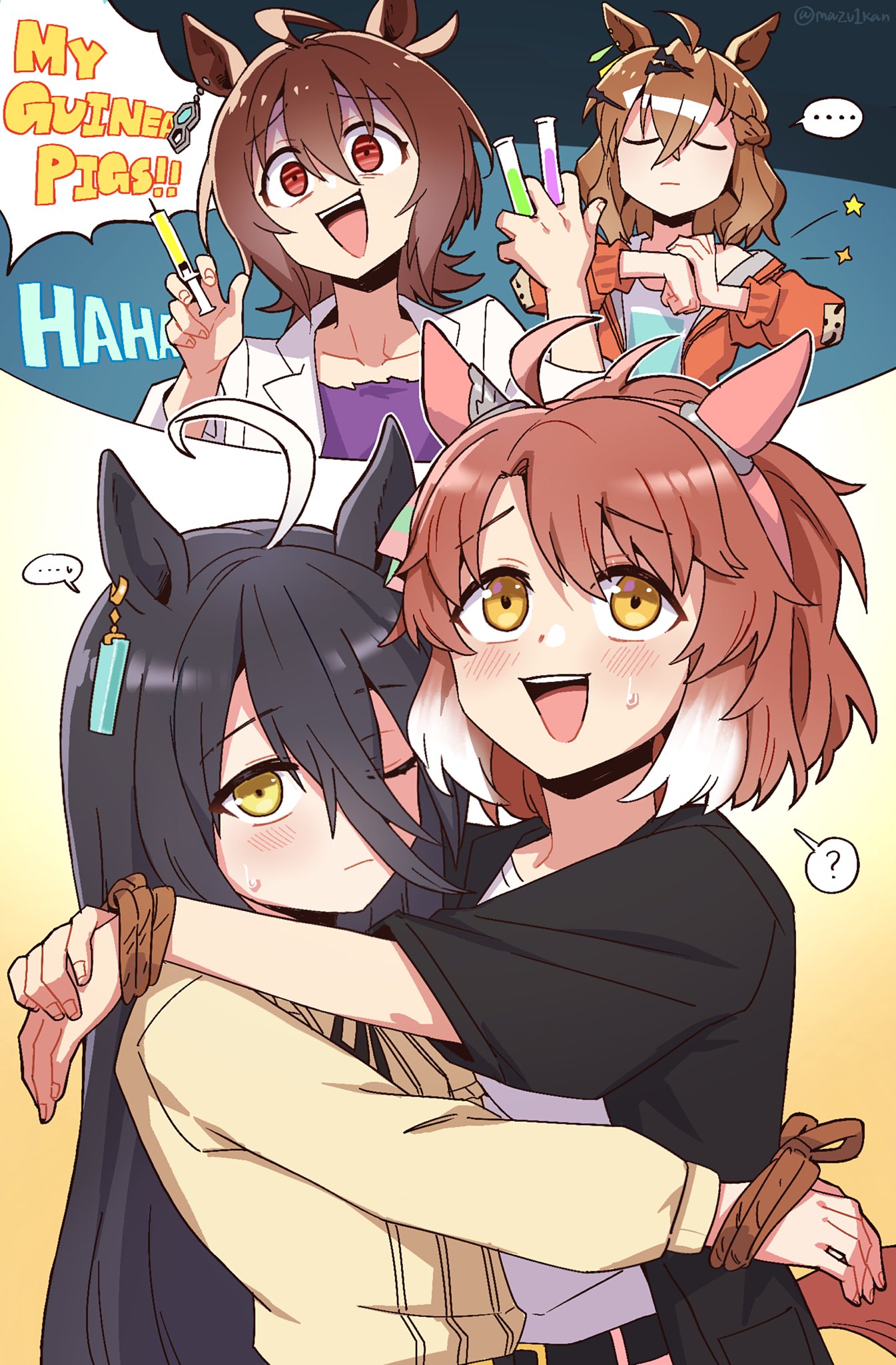 mazu1kan, agnes tachyon (umamusume), dantsu flame (umamusume), jungle pocket (umamusume), manhattan cafe (umamusume), umamusume, commentary, highres, symbol-only commentary, …, 4girls, :d, ?, ahoge, animal ears, arms around neck, arms around waist, belt, between fingers, black belt, black hair, black jacket, black ribbon, blush, bound, bound wrists, brown hair, chemical structure, closed eyes, closed mouth, colored tips, cracking knuckles, ear covers, ear ornament, earrings, english text, hair between eyes, hair ornament, hairband, hairclip, holding, holding syringe, holding test tube, horse ears, horse girl, horse tail, jacket, jam (umamusume), jewelry, jungle pocket (casual) (umamusume), lab coat, long bangs, long hair, long sleeves, manhattan cafe (casual) (umamusume), multicolored hair, multiple girls, neck ribbon, one eye closed, open mouth, orange jacket, pink hairband, purple shirt, red eyes, ribbon, shirt, single earring, smile, spoken ellipsis, spoken question mark, syringe, tail, test tube, two-tone hair, white hair, white shirt, yellow eyes, yellow shirt