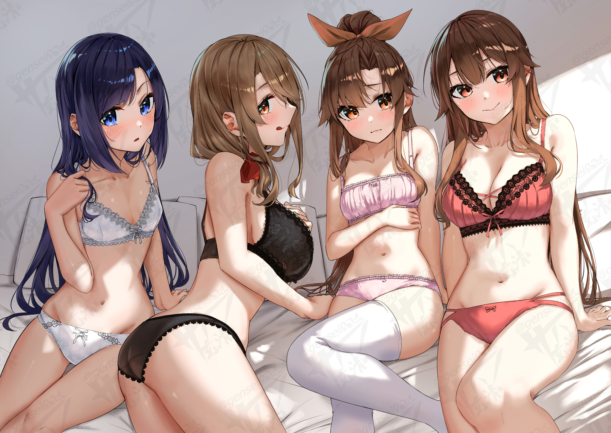 sahara386, akitsu maya, fuyushima enishi, harumachi hashira, natsuno hiyori, sex and dungeon, commentary request, highres, 4girls, :q, black bra, black panties, blue eyes, blush, bra, breasts, brown eyes, brown hair, brown ribbon, closed mouth, collarbone, hair ribbon, hand on own stomach, lace, lace-trimmed bra, lace trim, large breasts, long hair, looking at viewer, multiple girls, navel, open mouth, panties, parted lips, red bra, red panties, ribbon, sitting, small breasts, thighhighs, tongue, tongue out, underwear, underwear only, watermark, watermark grid, white bra, white panties, white thighhighs