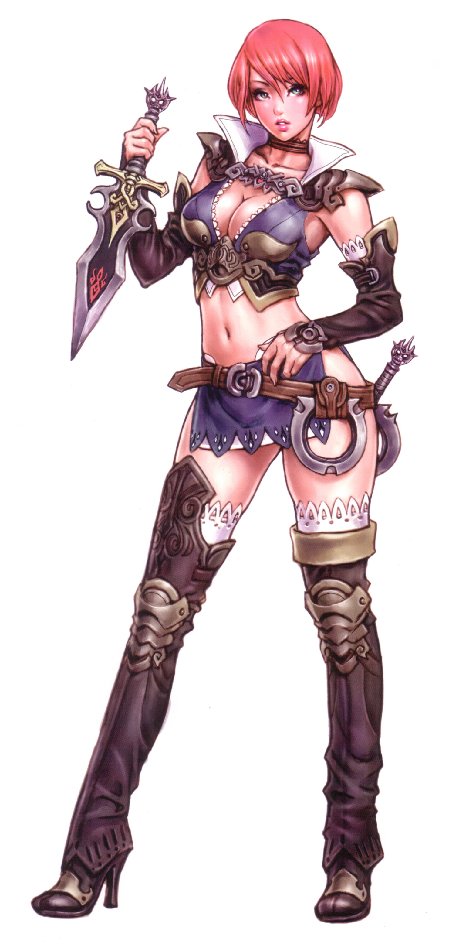 yamashita shun'ya, alteil, wild flower, absurdres, highres, 1girl, boots, breasts, choker, cleavage, female focus, full body, green eyes, high heels, knife, midriff, red hair, shoes, short hair, simple background, solo, standing, thighhighs, white background