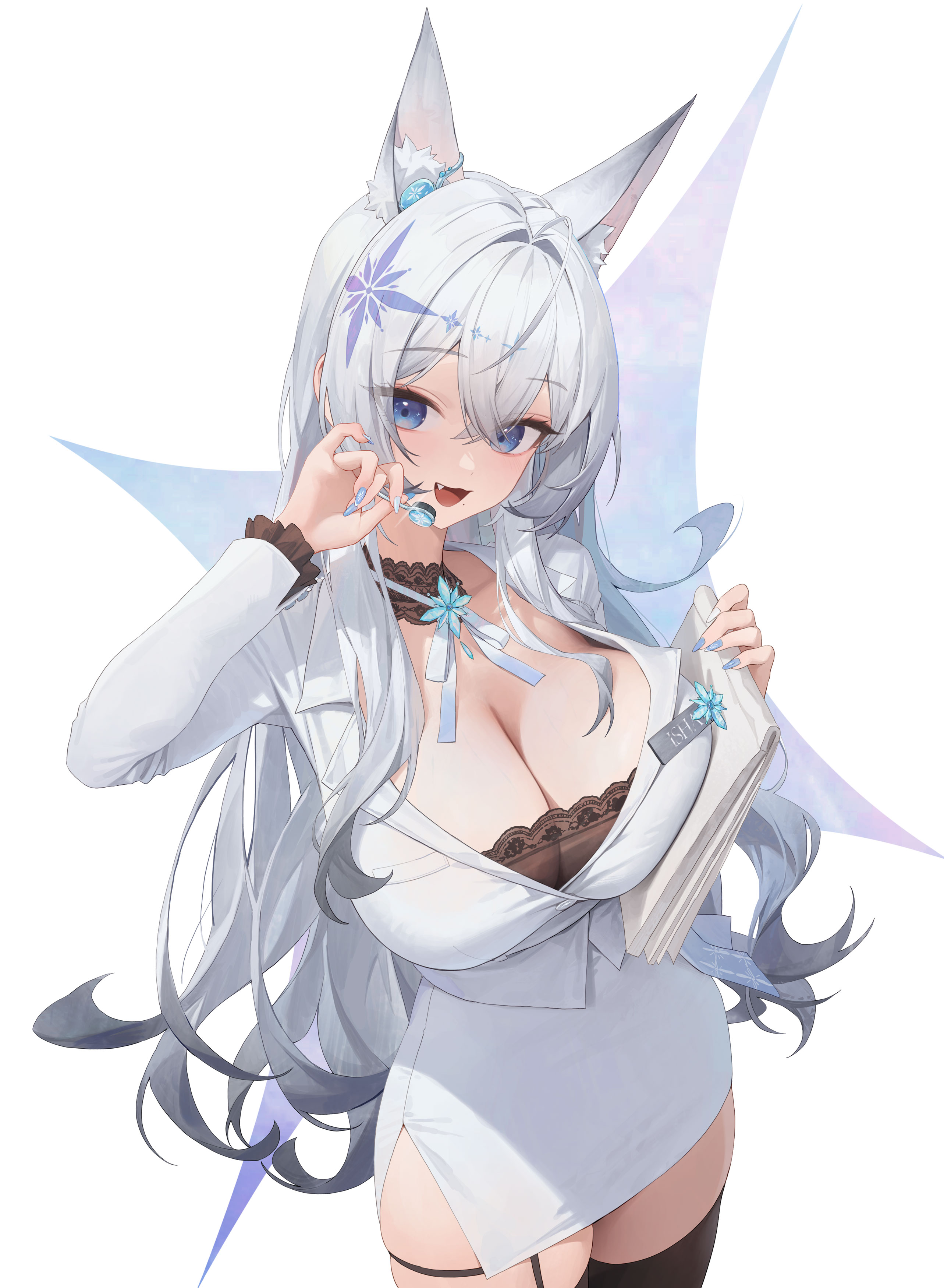 xi xeong, indie virtual youtuber, absurdres, commentary request, highres, korean commentary, 1girl, animal ears, black thighhighs, blue eyes, blue nails, breasts, brown choker, choker, cleavage, collared shirt, cowboy shot, extra ears, fang, fox ears, gradient hair, hair between eyes, hand up, high-waist skirt, holding, holding paper, isha (vtuber), lace trim, large breasts, long hair, long sleeves, looking at viewer, miniskirt, mole, mole under mouth, multicolored hair, nail polish, open mouth, paper, pencil skirt, shirt, side slit, simple background, skindentation, skirt, smile, solo, thighhighs, thighs, virtual youtuber, white background, white hair, white shirt, white skirt, zettai ryouiki