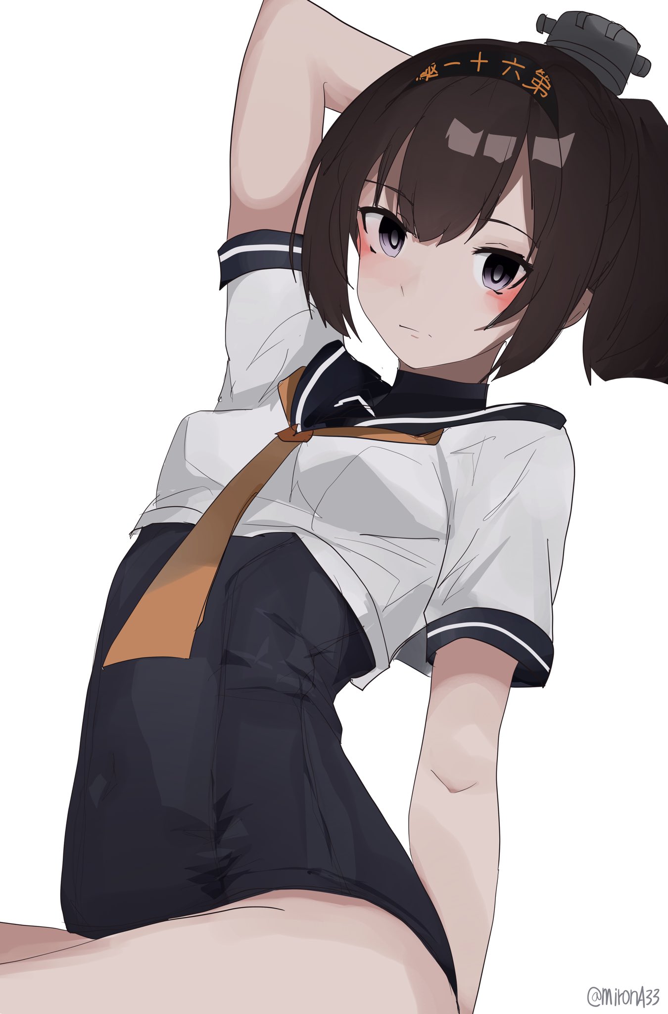 miron (mirona33), akizuki (kancolle), kantai collection, commentary request, highres, 1girl, alternate costume, arm behind head, arm up, black headband, black sailor collar, blue eyes, blue one-piece swimsuit, blush, breasts, brown hair, closed mouth, clothes writing, covered navel, cowboy shot, hachimaki, headband, headgear, looking at viewer, neckerchief, one-piece swimsuit, orange neckerchief, ponytail, sailor collar, school swimsuit, school uniform, serafuku, shirt, short sleeves, small breasts, solo, swimsuit, twitter username, white shirt