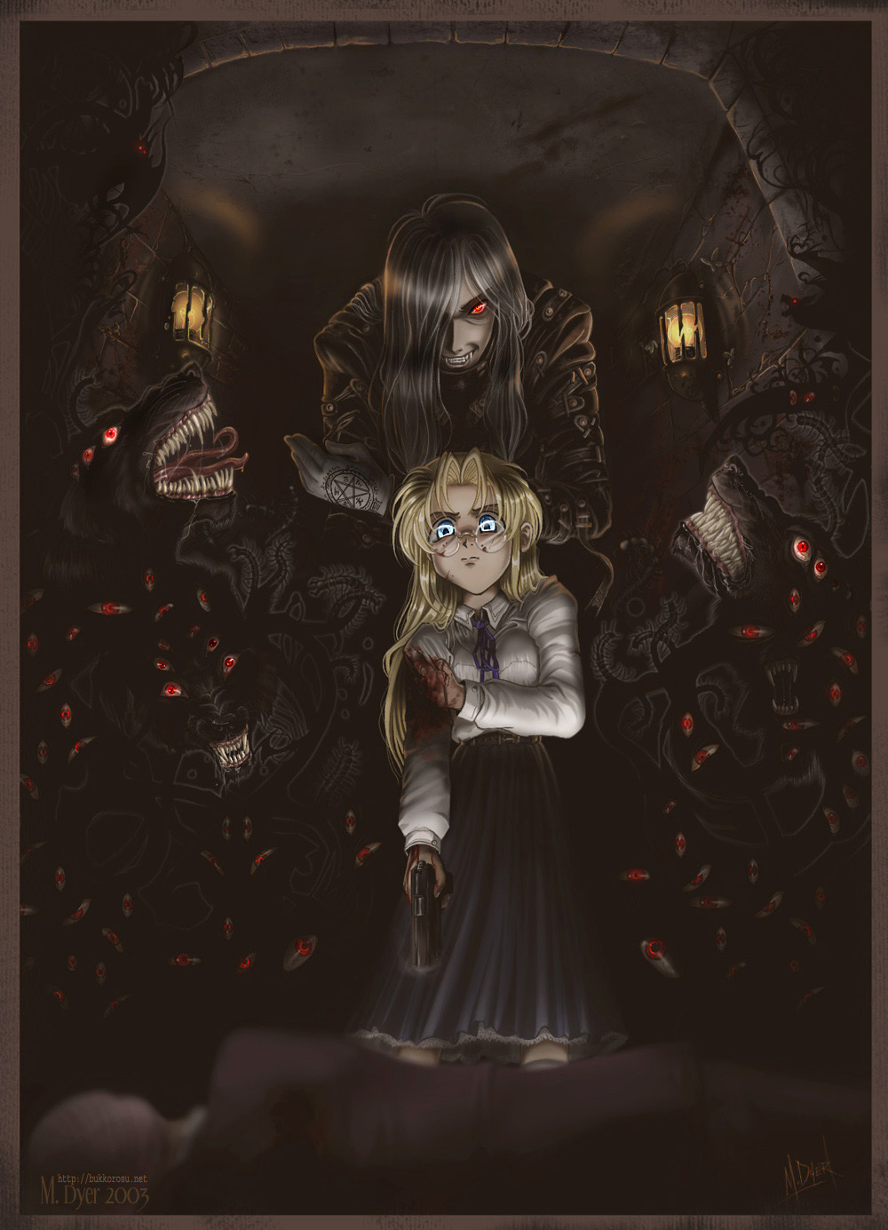 pu-sama, alucard (hellsing), integra hellsing, hellsing, highres, 1boy, 1girl, aged down, black hair, blonde hair, blood, blue eyes, death, dress shirt, fangs, glasses, glowing, glowing eyes, gun, hair over one eye, handgun, injury, leather, long hair, pistol, red eyes, shirt, single glove, skirt, teeth, vampire, weapon