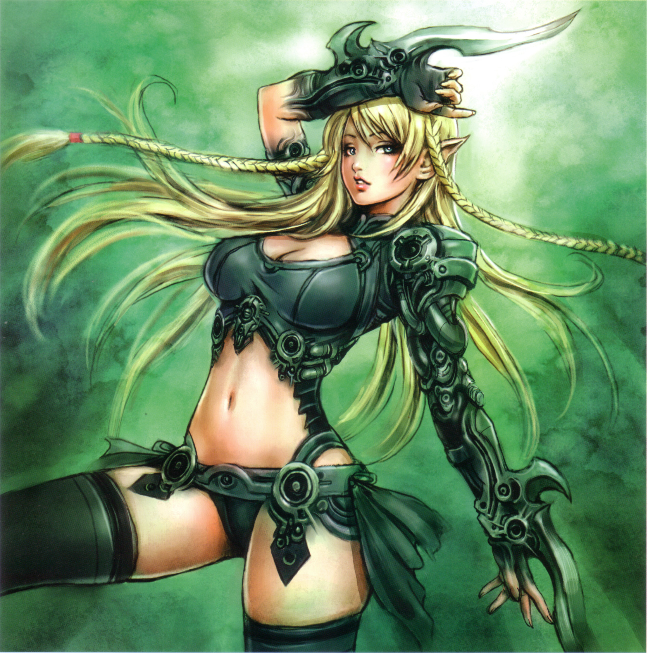 yamashita shun'ya, wild flower, highres, 1girl, blonde hair, braid, breasts, cleavage, cleavage cutout, clothing cutout, elf, female focus, green eyes, large breasts, long hair, midriff, pointy ears, solo, thighhighs, twin braids, weapon