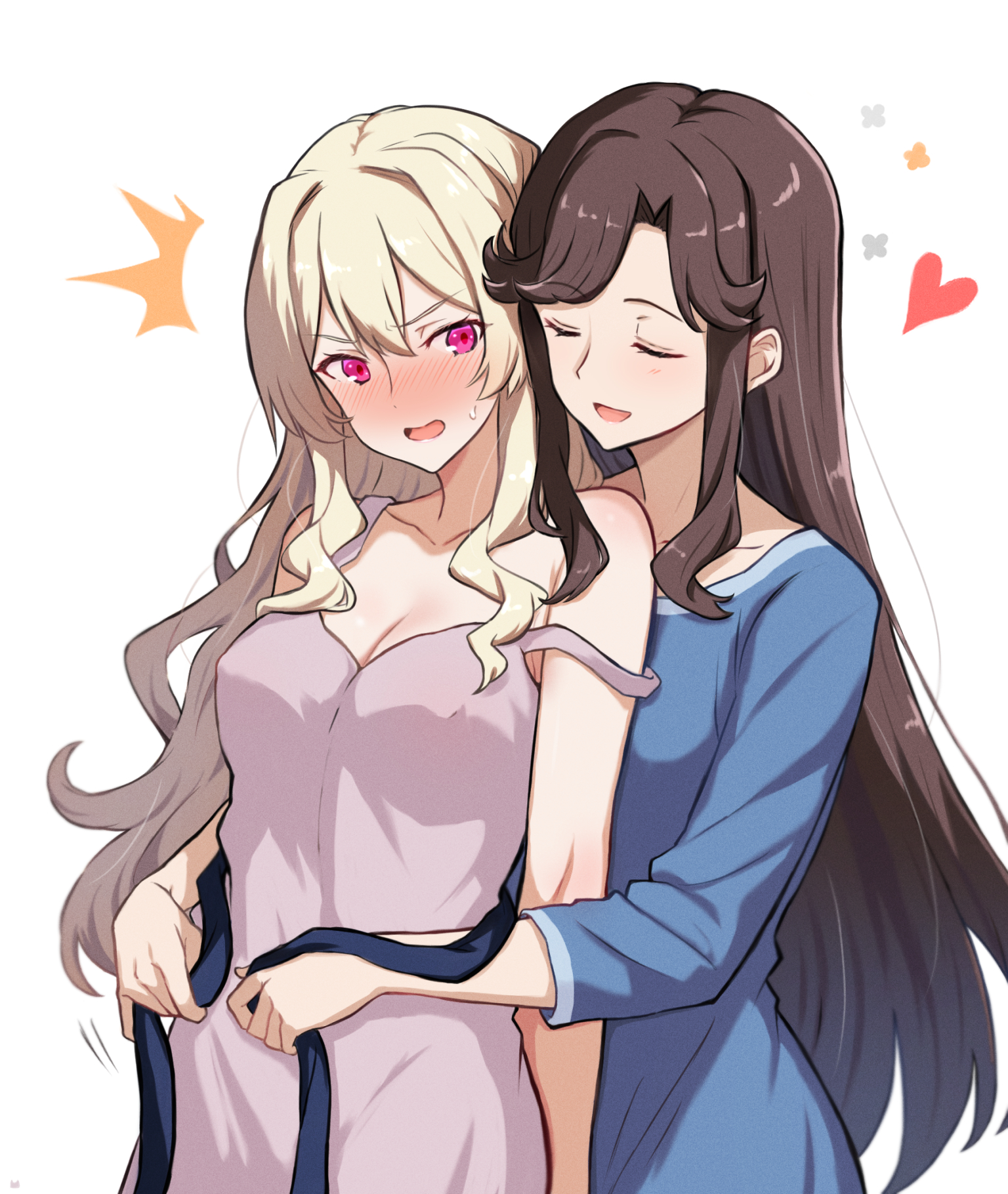 chibinekopan, saijou claudine, tendou maya, shoujo kageki revue starlight, commentary request, highres, 2girls, ^^^, arm at side, armpit crease, arms up, bare arms, bare shoulders, behind another, blonde hair, blue dress, blue sash, blush, breasts, cleavage, closed eyes, collarbone, covered erect nipples, dress, embarrassed, flower symbol, grey dress, hair between eyes, hair down, heads together, heart, large breasts, long hair, long sleeves, looking at another, looking to the side, multiple girls, nose blush, open mouth, parted bangs, pink eyes, sash, sidelocks, sideways glance, simple background, single off shoulder, sleeveless, sleeveless dress, smile, standing, surprised, sweatdrop, undressing another, untying, upper body, v-shaped eyebrows, very long hair, waist sash, wavy hair, white background, yuri