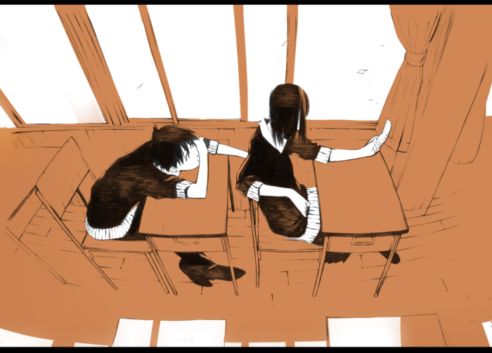 onigunsou, reitei, original, 1boy, 1girl, classroom, desk, indoors, letterboxed, monochrome, orange theme, school, school desk, school uniform, serafuku, sunset