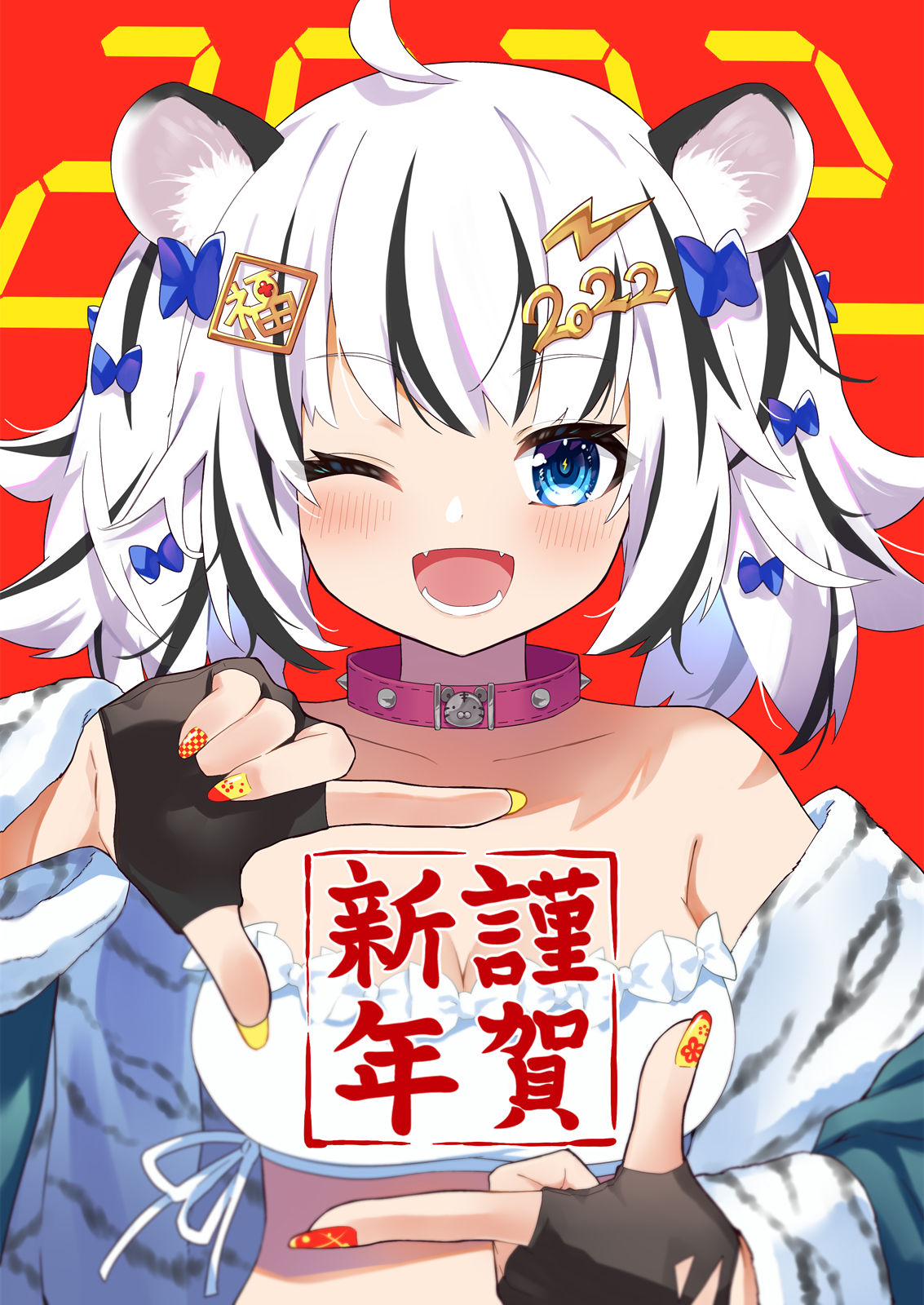 ahase hino, original, commentary request, highres, translation request, 1girl, 2022, ;d, ahoge, animal ear fluff, animal ears, animal print, black gloves, black hair, blue bow, blue eyes, blue jacket, blush, bow, breasts, chinese zodiac, choker, cleavage, collar, collarbone, fake nails, fingerless gloves, fingernails, frilled tube top, frills, gloves, hair bow, jacket, multicolored hair, nail polish, nengajou, new year, one eye closed, open mouth, pink choker, red background, red nails, smile, solo, spiked collar, spikes, strapless, streaked hair, tiger ears, tiger print, tube top, twintails, white hair, yellow nails