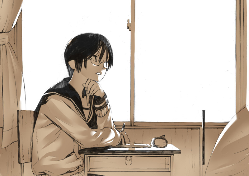 onigunsou, reitei, original, 1girl, chair, desk, female focus, glasses, monochrome, on chair, school uniform, sepia, serafuku, solo