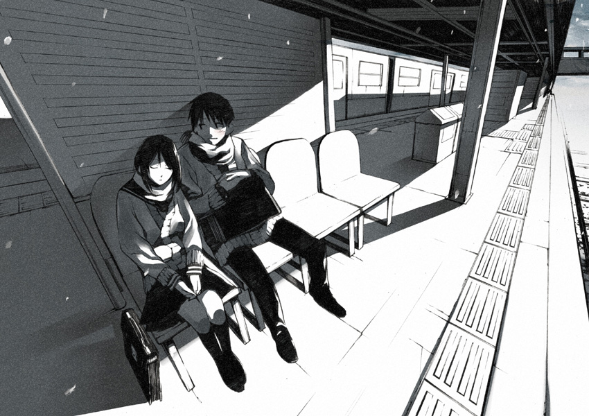 onigunsou, reitei, original, 1boy, 1girl, blush, cardigan, greyscale, monochrome, railroad tracks, scarf, school uniform, serafuku, sleeping, snow, tactile paving, train station