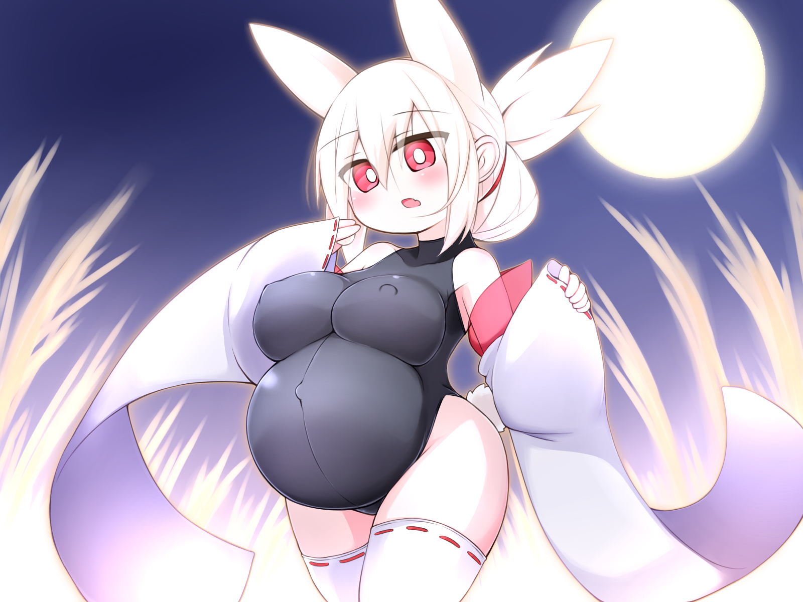 original, highres, 1girl, animal ears, bare shoulders, belly, big belly, black leotard, breasts, bright pupils, covered navel, cowboy shot, full moon, hair between eyes, hiyayakko428, leotard, moon, navel, night, night sky, nipples, outie navel, pregnant, sky, solo, stomach, tail, thighhighs, white pupils, white thighhighs