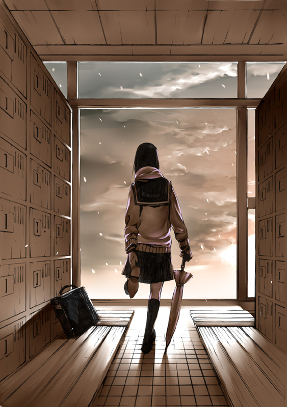 onigunsou, reitei, original, bag, black hair, cloud, locker, school uniform, serafuku, sky, snow, solo, sunset, sweater, umbrella