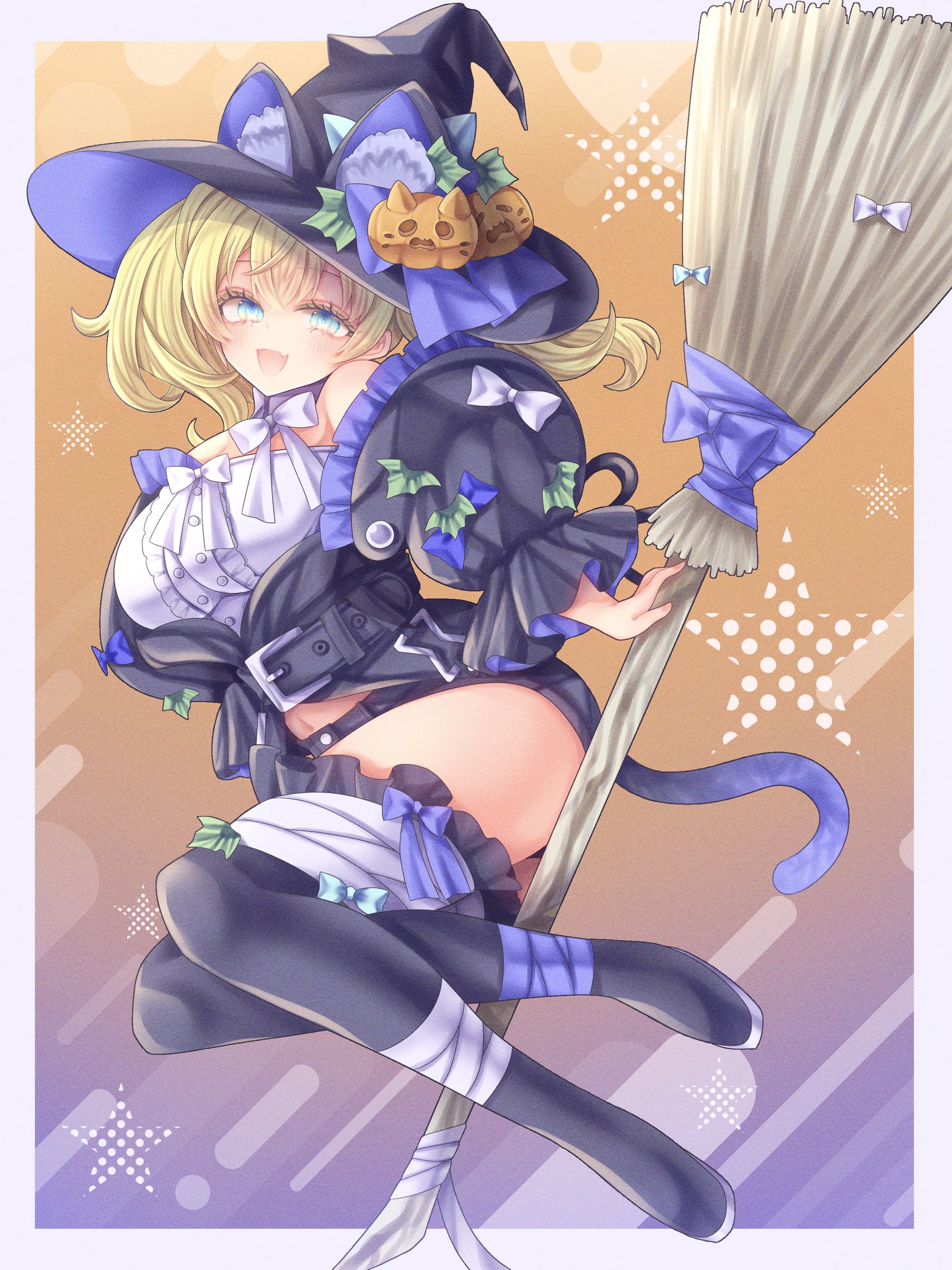 nagi kantai114, gambier bay (kancolle), gambier bay mk ii (kancolle), kantai collection, commentary request, highres, 1girl, animal ear fluff, animal ears, bandages, black ribbon, black shorts, black thighhighs, blonde hair, blue eyes, blue ribbon, border, broom, broom riding, cat ears, cat tail, frilled jacket, frills, full body, gambier bay (halloween) (kancolle), hat, jack-o'-lantern, jack-o'-lantern hat ornament, jacket, long hair, looking at viewer, open mouth, puffy sleeves, ribbon, shirt, shorts, smile, solo, tail, thighhighs, twintails, white border, white shirt, witch hat