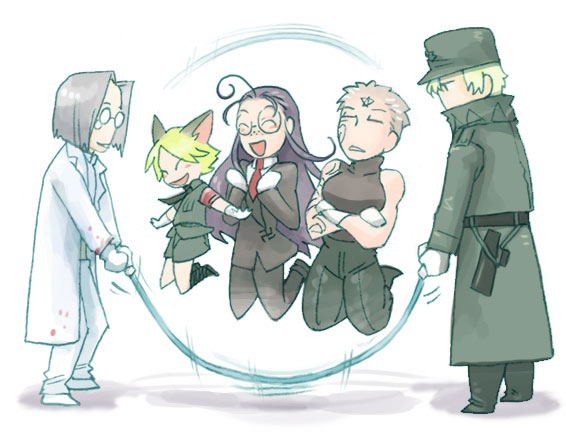 captain (hellsing), doctor (hellsing), rip van winkle (hellsing), schroedinger (hellsing), zorin blitz, hellsing, 2girls, 3boys, animal ears, blood, captain hans gu00fcnsche, cat boy, cat ears, happy, holding, holding jump rope, jump rope, jumping, multiple boys, multiple girls, nazi, smile