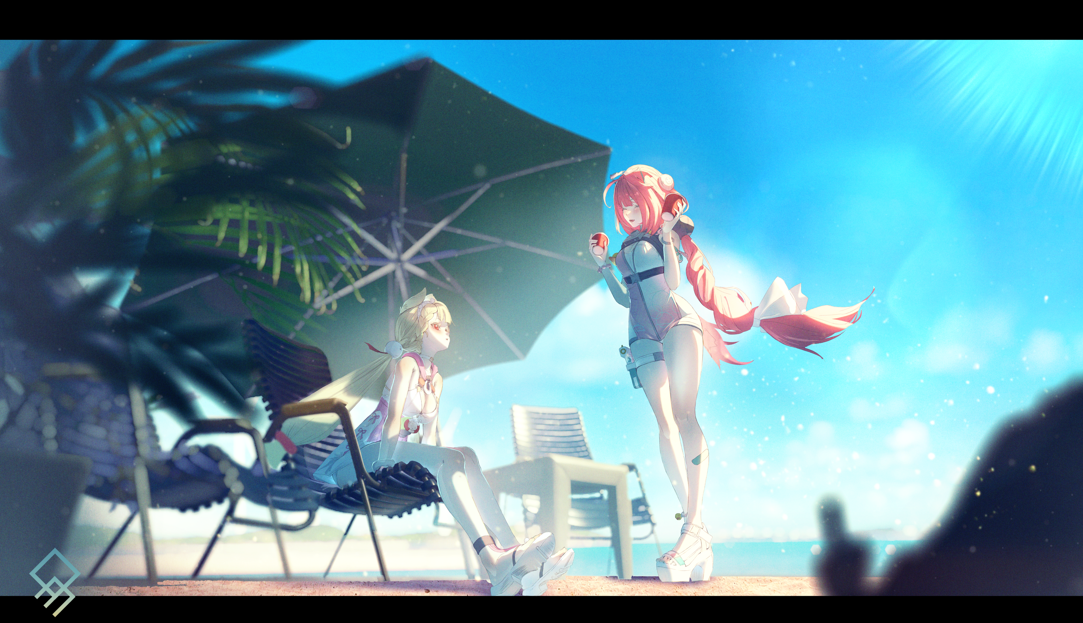 quragenomiken, alice thymefield, alice thymefield (sea of thyme), ukinami yuzuha, ukinami yuzuha (tanuki in broad daylight), zenless zone zero, absurdres, highres, animal ears, beach chair, beach umbrella, blonde hair, blue sky, braid, breasts, cleavage, closed mouth, cup, holding, holding cup, large breasts, long hair, looking at another, low twin braids, low twintails, medium breasts, official alternate costume, one-piece swimsuit, outdoors, pink one-piece swimsuit, plant, potted plant, rabbit ears, rabbit girl, red eyes, red hair, sandals, sky, smile, swimsuit, twin braids, twintails, two-tone one-piece swimsuit, umbrella, very long hair, water, white one-piece swimsuit, white sandals