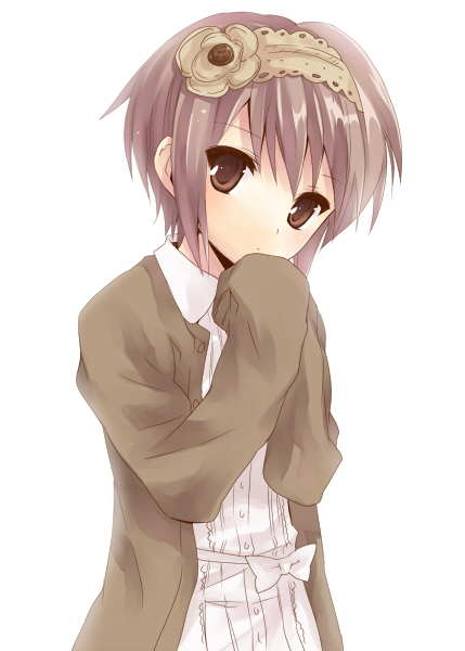 hijiki (hijikini), hijikini, nagato yuki, suzumiya haruhi no yuuutsu, bad id, bad pixiv id, 00s, 1girl, brown eyes, cardigan, dress, female focus, hairband, long sleeves, purple hair, short hair, solo