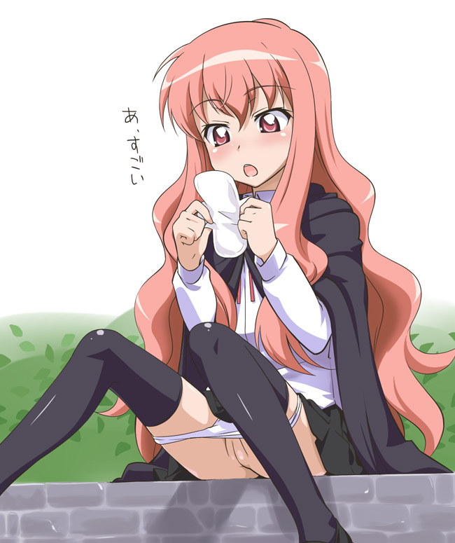 youkan, louise francoise le blanc de la valliere, zero no tsukaima, translated, 00s, 1girl, blush, bush, cape, cleft of venus, female focus, flat chest, groin, legs, long hair, menstrual pad, open mouth, outdoors, panties, panty pull, pink hair, pussy, school uniform, serafuku, sitting, skirt, solo, text focus, thighhighs, uncensored, underwear, zettai ryouiki