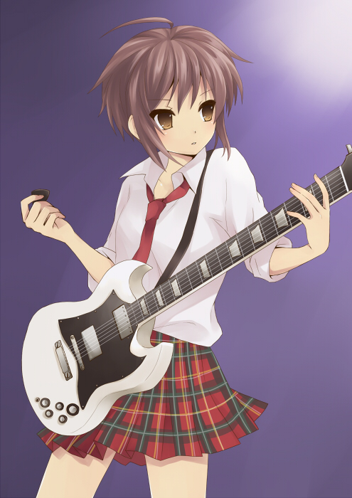 hijiki (hijikini), hijikini, nagato yuki, suzumiya haruhi no yuuutsu, 00s, 1girl, ahoge, brown eyes, female focus, guitar, instrument, necktie, plaid clothes, plaid skirt, purple hair, short hair, skirt, solo