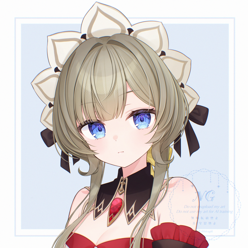 hiiragi kei, sandrone (genshin impact), genshin impact, 1girl, armpit crease, bare shoulders, blue eyes, breasts, brown hair, cleavage, closed mouth, detached collar, dress, jewelry, medium breasts, medium hair, solo, strapless, strapless dress
