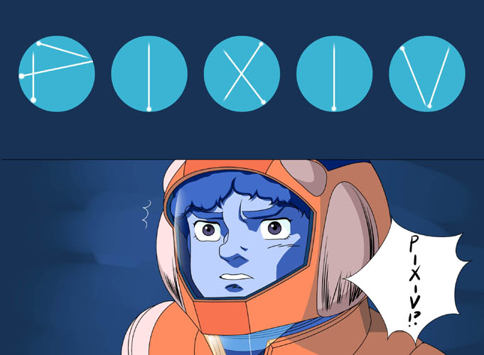 oxide (artist), cosmo (fairly oddparents), cosmo yuki, densetsu kyojin ideon, pixiv, 1980s (style), bad id, bad pixiv id, 1boy, astronaut, blush, clenched teeth, helmet, looking at viewer, male focus, oldschool, retro artstyle, solo, teeth, text focus, upper body, wide-eyed
