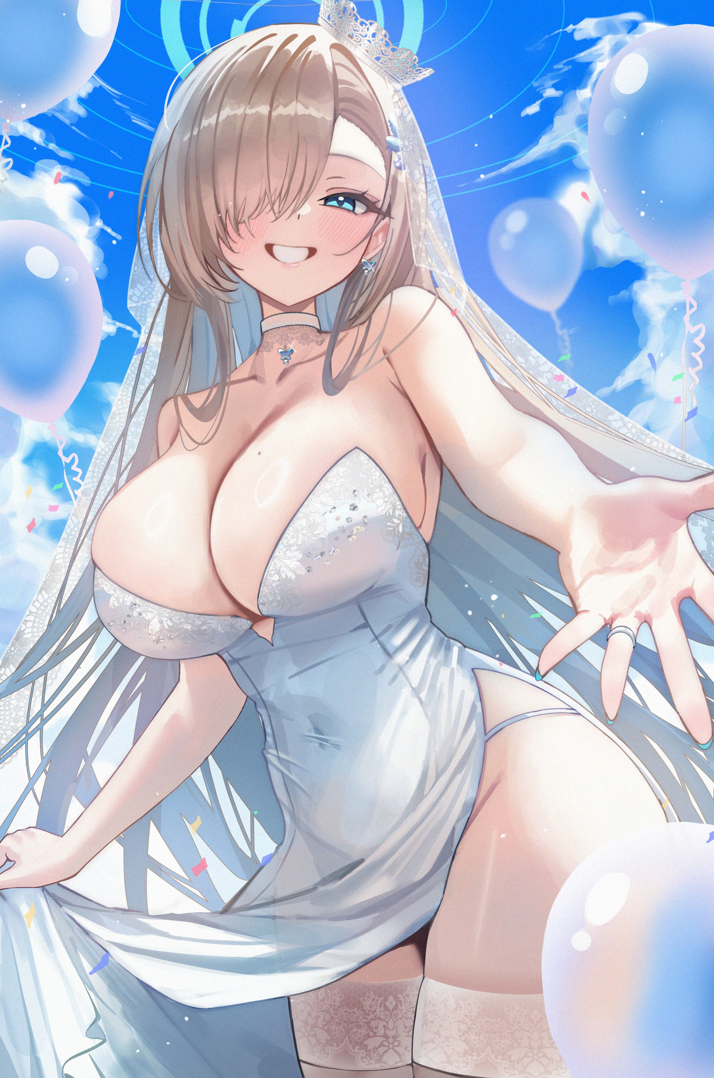 mango (mango0208), asuna (blue archive), blue archive, absurdres, highres, 1girl, bare shoulders, blonde hair, blue eyes, blue halo, blush, breasts, bridal veil, choker, cleavage, clothes grab, cloud, collarbone, covered navel, dress, dress grab, grin, groin, hair over one eye, halo, jewelry, large breasts, long hair, looking at viewer, mole, mole on breast, panties, reaching, reaching towards viewer, ring, smile, solo, thighhighs, thighs, underwear, veil, very long hair, wedding dress, wedding ring, white dress, white panties, white thighhighs