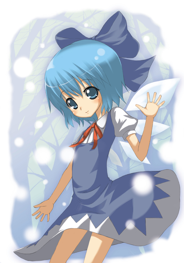 motofumi, cirno, embodiment of scarlet devil, touhou, 1girl, blue eyes, blue hair, cowboy shot, female focus, ice, ice wings, looking at viewer, looking back, matching hair/eyes, puffy short sleeves, puffy sleeves, short hair, short sleeves, solo, standing, wings
