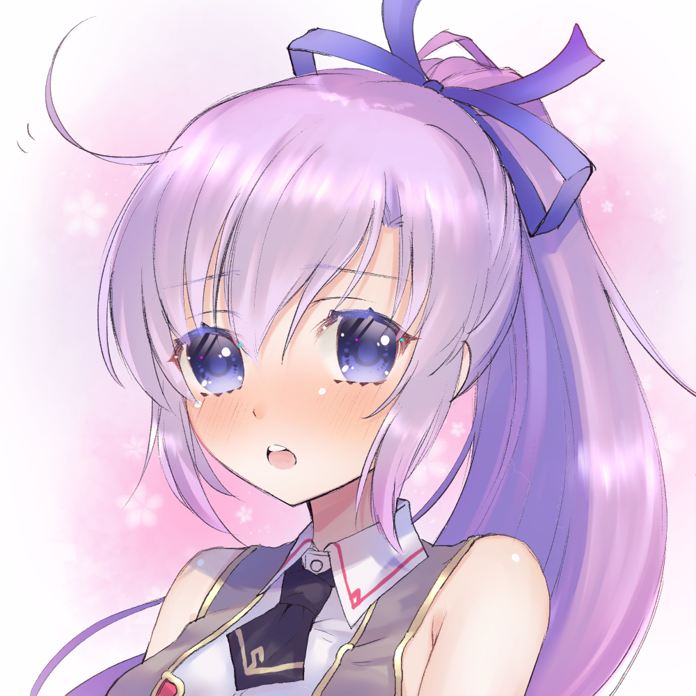 wanokuni (wakokusforest), patricia shandy, iris mysteria!, 1girl, ahoge, bare shoulders, black necktie, blue bow, blue eyes, blush, bow, brown jacket, cropped shoulders, hair bow, jacket, long hair, looking at viewer, necktie, open mouth, ponytail, purple hair, shirt, sleeveless, sleeveless jacket, solo, white shirt