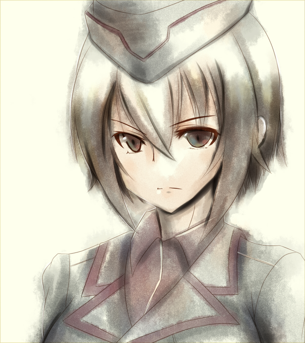 belmina, nishizumi maho, girls und panzer, highres, 1girl, black hat, black jacket, brown eyes, brown hair, closed mouth, dress shirt, garrison cap, hat, jacket, kuromorimine military uniform, looking at viewer, military, military hat, military uniform, red shirt, red skirt, shirt, short hair, simple background, skirt, solo, upper body, white background