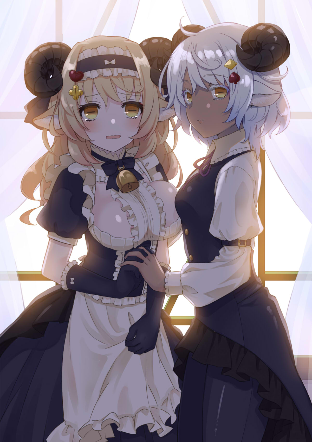 ahase hino, original, commentary request, highres, 2girls, animal ears, apron, bell, black dress, black gloves, blonde hair, blush, breasts, center frills, dark-skinned female, dark skin, dress, frills, gloves, gradient eyes, hair ornament, horizontal pupils, horns, juliet sleeves, long sleeves, maid, multicolored eyes, multiple girls, neck bell, puffy short sleeves, puffy sleeves, sheep, sheep ears, sheep girl, sheep horns, short sleeves, waist apron, white apron, white hair, yellow eyes