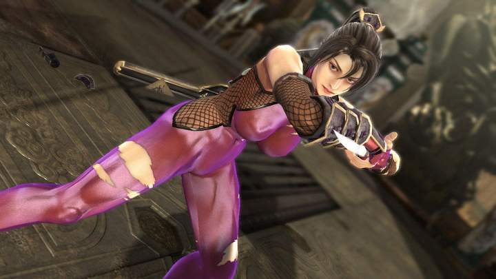 taki (soulcalibur), namco, soul calibur, soulcalibur, soulcalibur iv, 1girl, black hair, breasts, dagger, female focus, fishnets, knife, large breasts, ninja, solo, torn clothes, weapon
