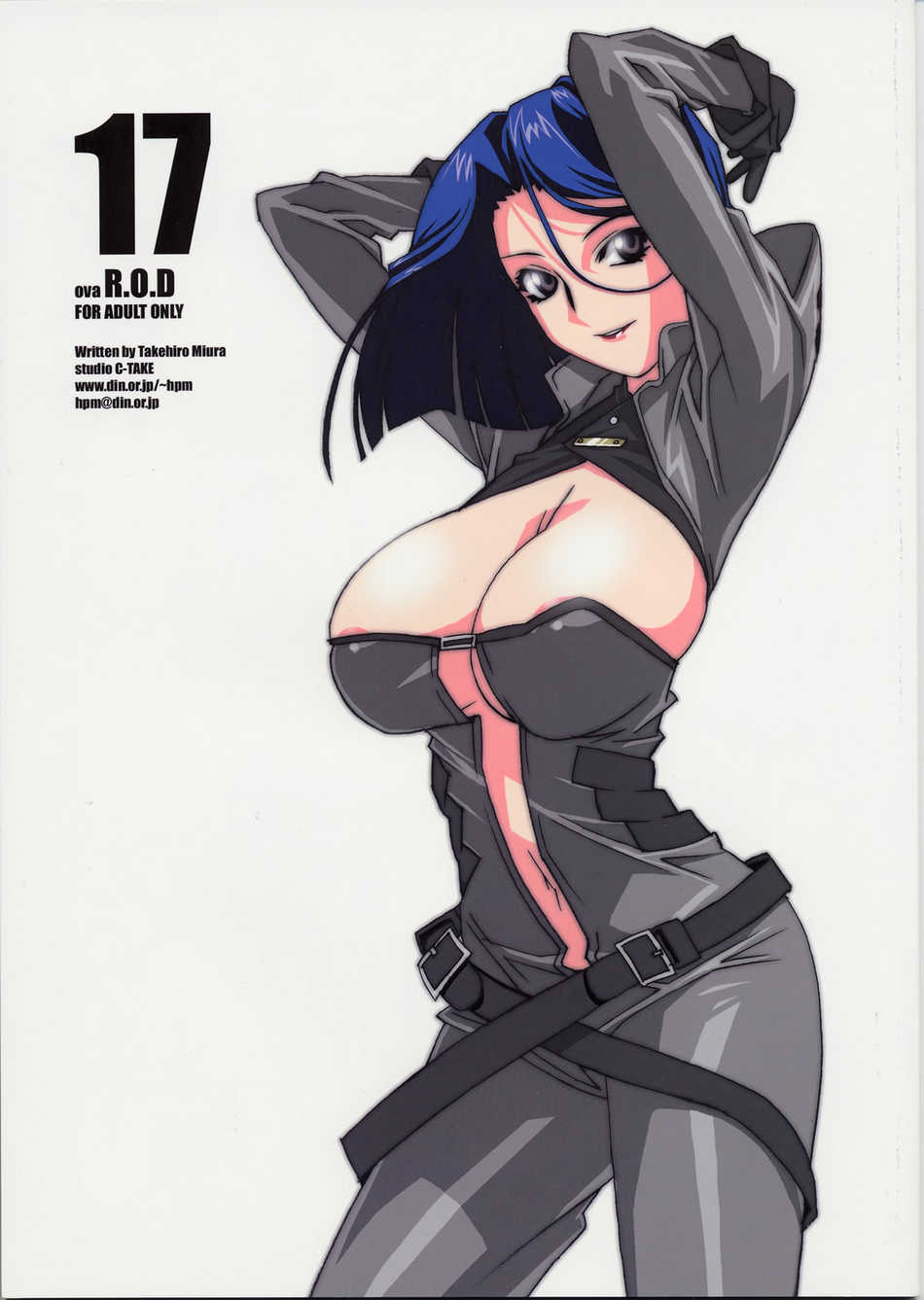 miura takehiro, nancy makuhari, read or die, highres, jpeg artifacts, 00s, 1girl, areola slip, belt, belt skirt, breasts, cleavage, female focus, gloves, huge breasts, large breasts, lips, lipstick, makeup, nipples, short hair, smile, solo