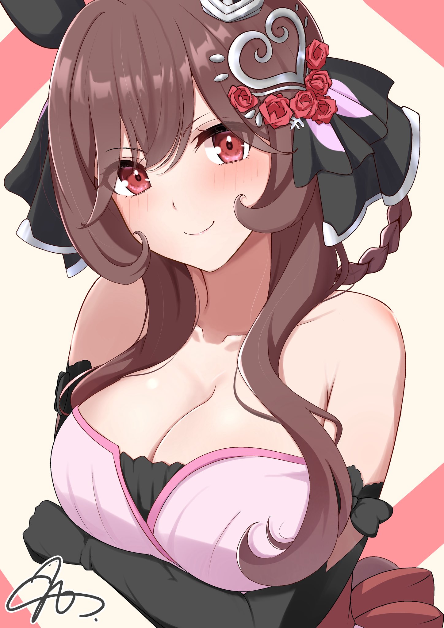 sho mix illustration, gentildonna (umamusume), umamusume, highres, 1girl, animal ears, arms under breasts, bare shoulders, black gloves, blush, braid, braided hair rings, breasts, brown hair, cleavage, closed mouth, collarbone, dress, ear covers, ear flower, ear ornament, elbow gloves, flower, gloves, hair between eyes, hair ornament, hair rings, heart ear ornament, horse ears, horse girl, large breasts, long hair, looking at viewer, off-shoulder dress, off shoulder, pink dress, red eyes, simple background, smile, solo, upper body