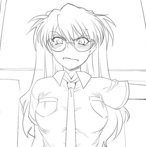 hairu, souryuu asuka langley, neon genesis evangelion, unfinished, 1girl, angry, bespectacled, blush, breasts, female focus, glasses, greyscale, large breasts, long hair, monochrome, necktie, shirt, short sleeves, solo