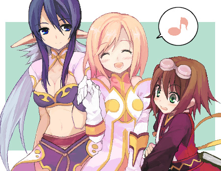 koto (colorcube), estellise sidos heurassein, judith (tales), rita mordio, tales of (series), tales of vesperia, lowres, 00s, 3girls, :d, ^ ^, blue eyes, blush, breasts, brown hair, cleavage, closed eyes, gloves, green eyes, happy, long hair, medium breasts, multiple girls, musical note, navel, open mouth, pink hair, pointy ears, quaver, short hair, smile, speech bubble, spoken musical note